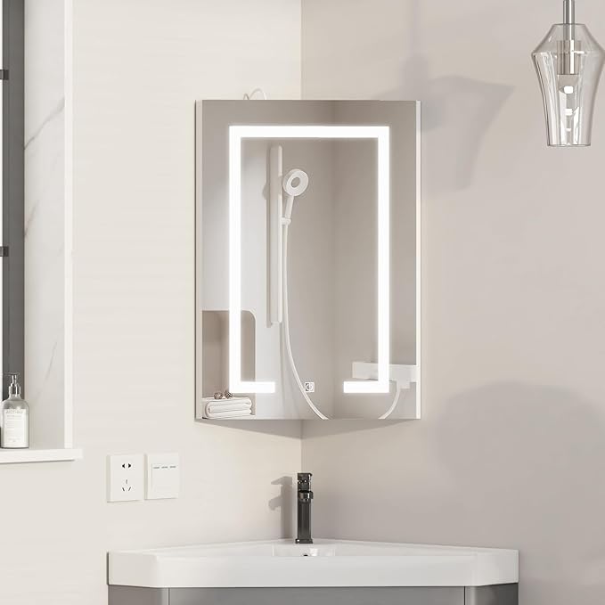 Corner Medicine Cabinet with Mirror,Lighted Medicine Cabinet with 2 Storage Shelf, 24" Bathroom Mirror Cabinet,Wall Mounted,Opens Right to Left,White,24" x16"