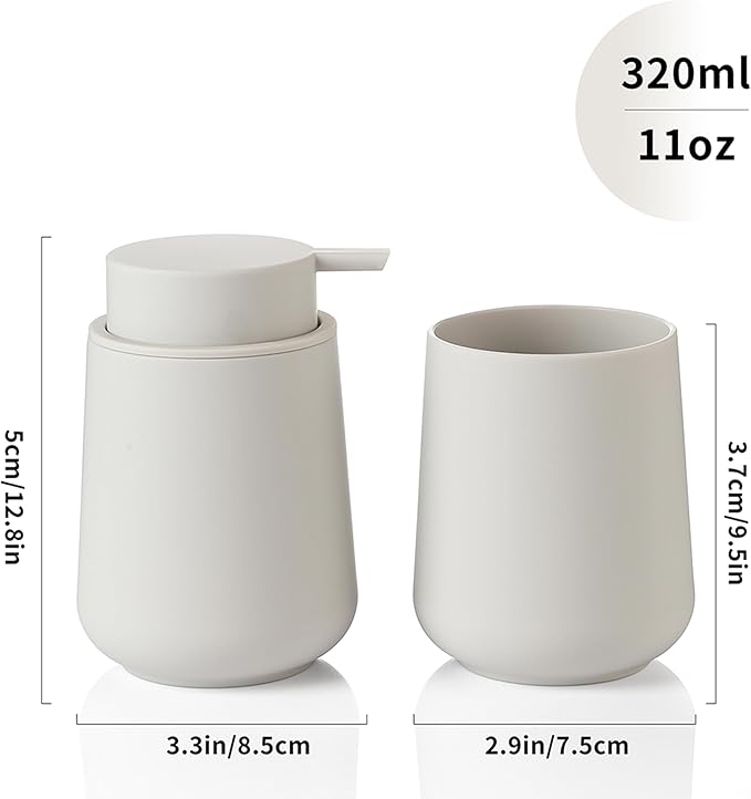YAUKPH Matte Beige Bathroom Accessories 2 Piece Set Plastic Soap Dispenser and Toothbrush Holder for Modern Bathroom Decor