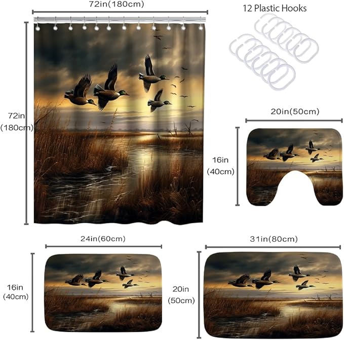 Rustic Wild Ducks Flying Hunting Ocean Bathroom Sets with Shower Curtain and 20 x 31 Rugs Bathroom Accessories Sets Decor with Bath Rug, Bath Mat, U-Shaped Contour and Hooks 72 x 72 Inch Brown Teal