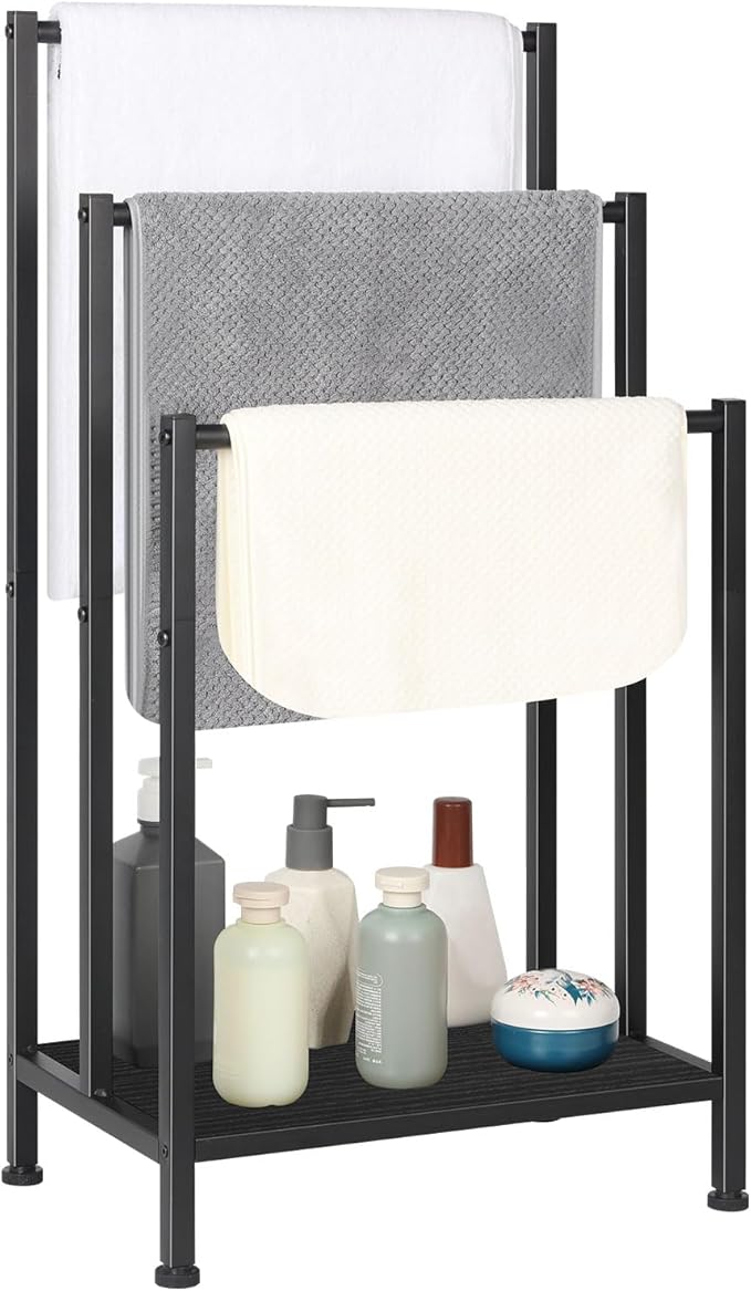 Freestanding Towel Rack, 3 Tier Metal Towel Rack Blanket Rack Stand for Bedroom Black Bath Towel Holder Stand Floor for Bathroom Floor Towel Holder with Wooden Storage Shelf