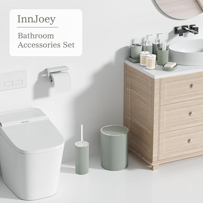 Sage Green Bathroom Accessories Set, 10PC Bathroom Set, Bath Accessory with Pop Up Trash Can, Soap Dispenser, Toilet Brush, Toothbrush Set Qtip Holders & Tray