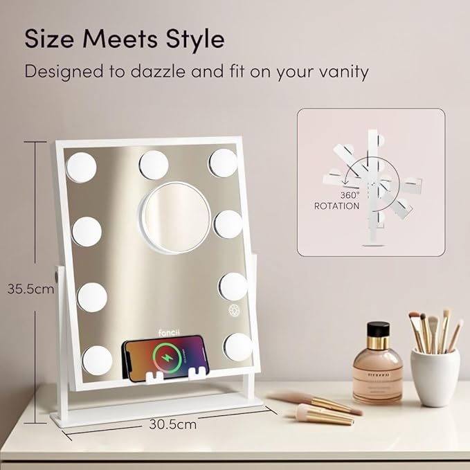 Fancii Vanity Mirror with Lights, BT Speaker, Wireless Charging - Detachable 10X Magnifying Mirror, 9 Hollywood Bulbs, LED Lighted Makeup Mirror with Phone Stand, 3 Color Modes, Adjustable Tilt