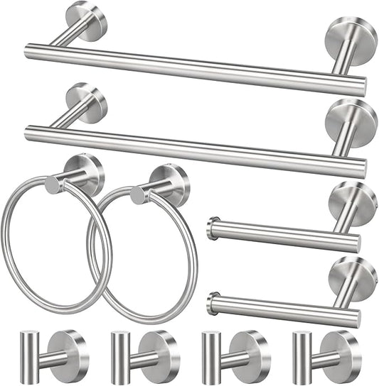 Bathroom Hardware Set, 16" Bathroom Towel Holder with Toilet Paper Holder, Towel Ring, Towel Hook, Bathroom Accessories for Kitchens, Laundry Rooms (10, Sliver)