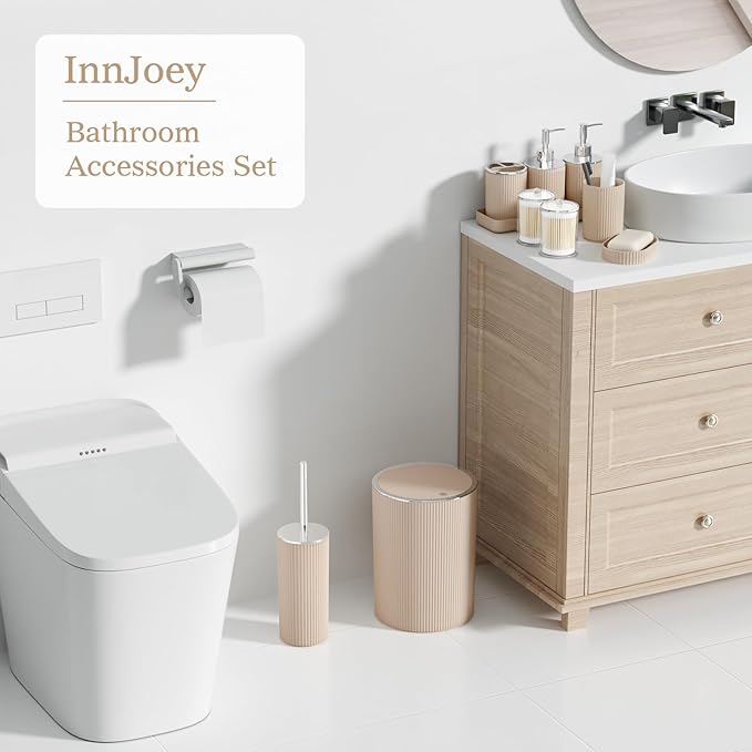 Beige Bathroom Accessories Set, 10PC Bathroom Set, Bath Accessory with Pop Up Trash Can, Soap Dispenser, Toilet Brush, Toothbrush Set Qtip Holders & Tray