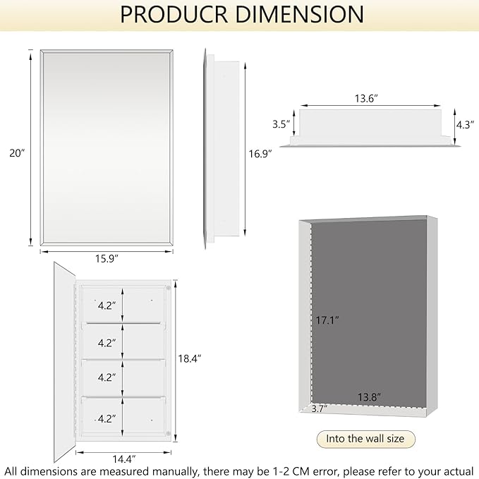 16"x20" Medicine Cabinet,HD Bathroom Mirror Cabinet with Beveled Mirror,Removeable Shelves, Recessed and Surface Mount,Frameless Bathroom Mirror with Storage