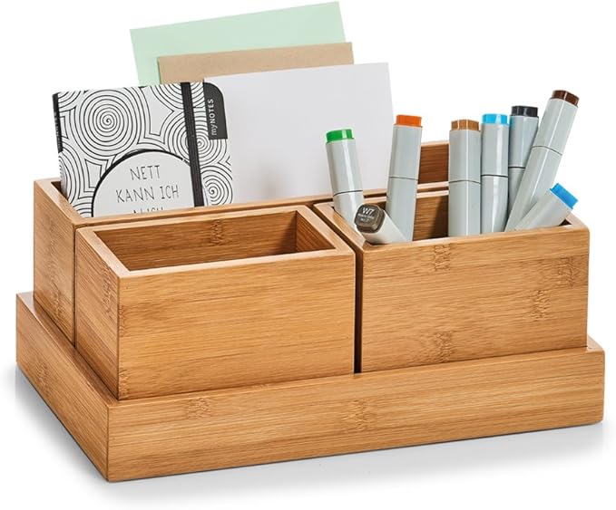 Zeller 25387 Organiser Set 4 Pieces Bamboo Approx. 28 x 17.7 x 11 cm Office Makeup Utensils Storage