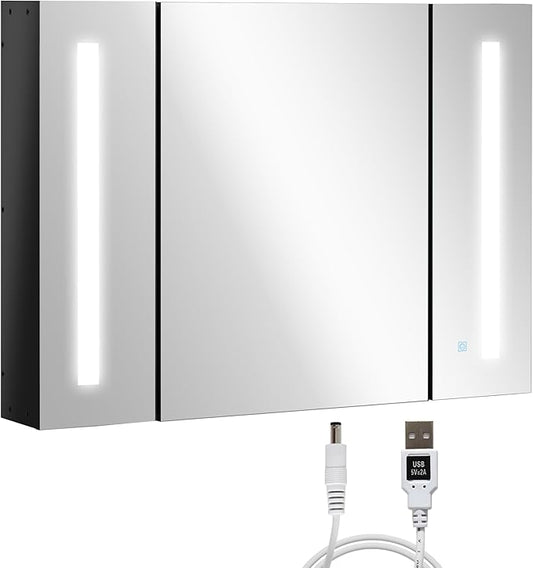 kleankin Wall Mounted Mirror Cabinet,LED Lighted Medicine Cabinet with 3 Doors, Adjustable Shelves, Memory Function and USB Charge, High Gloss Black