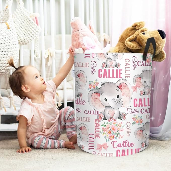 callie Personalized Elephant Laundry Basket for Kids Baby, Waterproof Collapsible Laundry Hamper, Clothes Toys Storage Bin for Bedroom Nursery (13.8" x 16.5", 15.7" x 19.6")