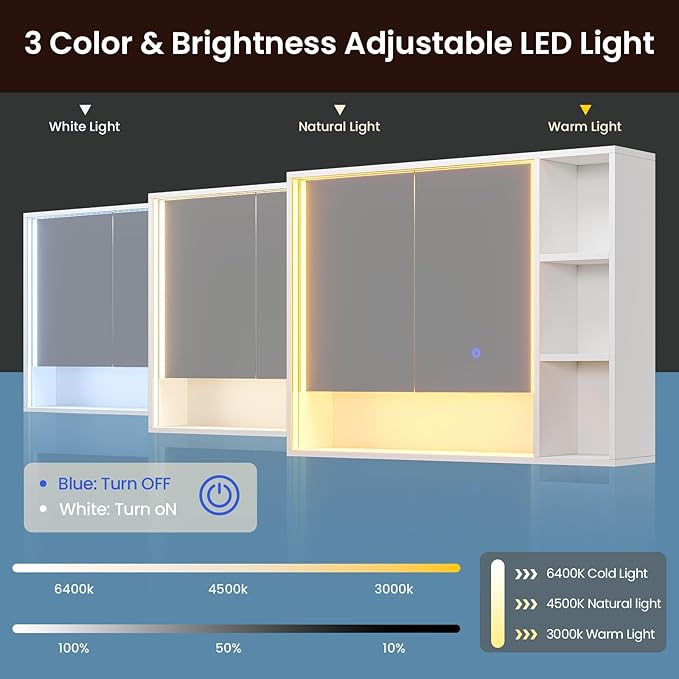Hasuit Lighted Medicine Cabinet with Mirror and Shelves, Modern Bathroom Medicine Cabinet with Open Storage, Aluminum Channel LED Lights, 35.4'' x 30.7'', White