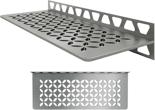 Schluter Rectangular Shelf for Tiled Walls - 4mm Thick, Floral Design, Stainless Steel Material, Brushed Stainless Steel Finish - SWS1D5EB