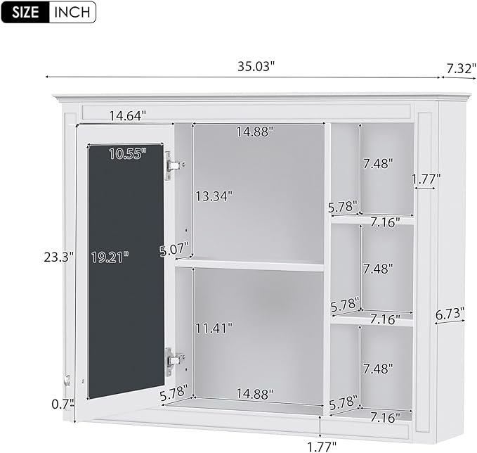 Merax 35''L Bathroom Medicine Storage Cabinet with Mirror Doors, Modern Wall Mount Toilet Toilet Organizers with 6 Open Shelves, White