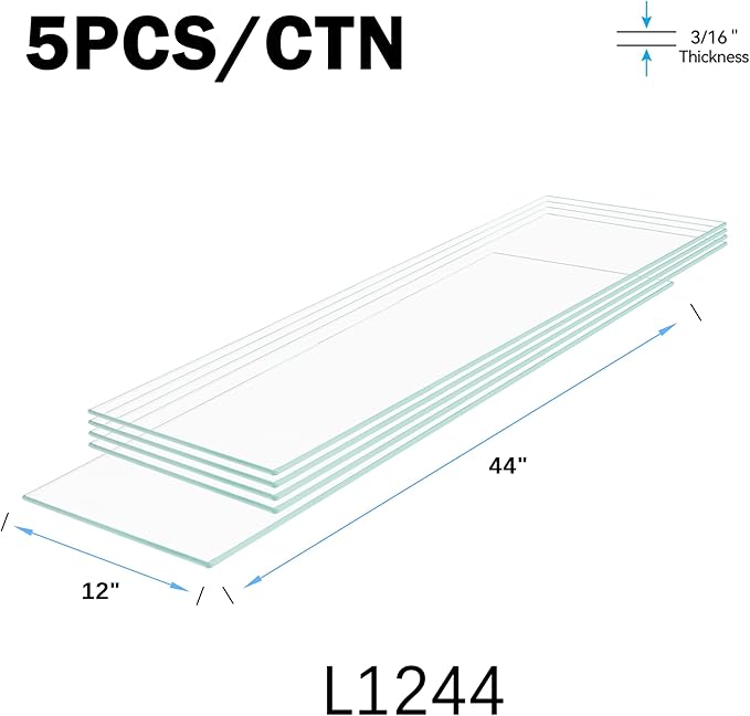 12" x 44" 5-PCS Tempered Glass Shelf, Rectangular Frameless Glass Shelves - 3/16" Thick, Suitable for Bookshelves, Display Cases, Retail Fixtures and Tabletops