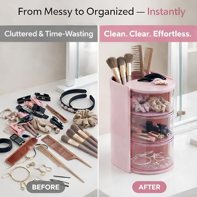 Hair Accessories Organizer with Hair Brush Holder, Rotating Makeup Brush Caddy for Girls Women, 3-Tier Clear Storage for Hair Clips, Ties, Jewelry & Necklaces, Pink