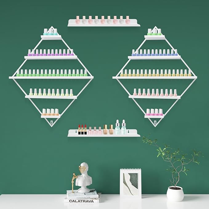 Wall-Mounted Nail Polish Rack, Set of 4 Rhombus White Nail Polish Shelf Lipstick Perfume Cosmetic Display Shelf for Home Spa Nail Salon Shop