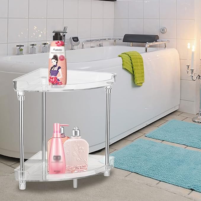 4 Tier Corner Storage Organizer, Compact Freestanding Bathroom Shelf with Clear Acrylic Trays for Hair Accessories Toiletries Countertop Organization (2-Tier)