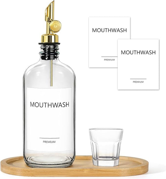 Mouthwash Dispenser for Bathroom, Glass Mouthwash Dispenser with Cup, Mouth Wash Container Bottle with Cup, Refillable Mouthwash Decanter, Clear, 1 Pack, 17oz, with Wooden Tray
