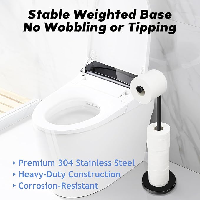 TACGEA Toilet Paper Holder Stand, Bathroom Toilet Paper Roll Holder Stainless Steel Free Standing, Storage for 4 Rolls of Paper, Black Set of 2