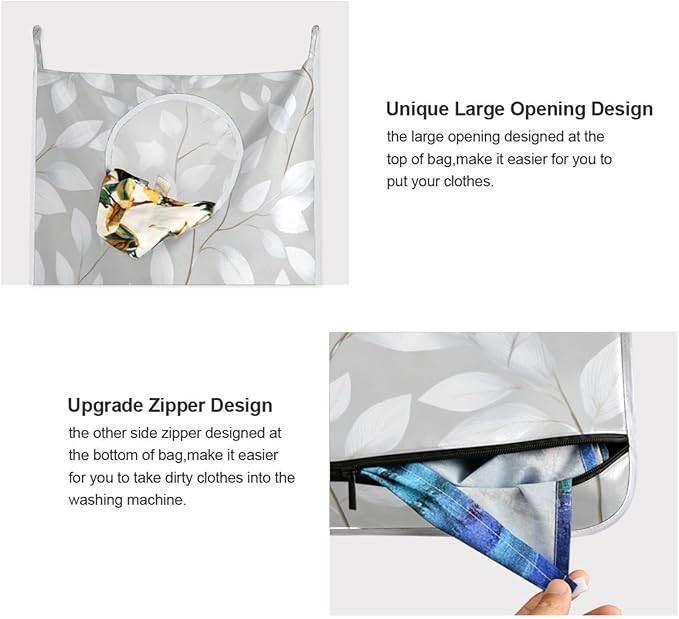 Grey Simple Leaves Hanging Laundry Hamper Door Hampers Bag Basket with Stainless Steel Hooks Oxford Fabric Printing Decorative Clothes Bags 29.5X20inch 1Pack