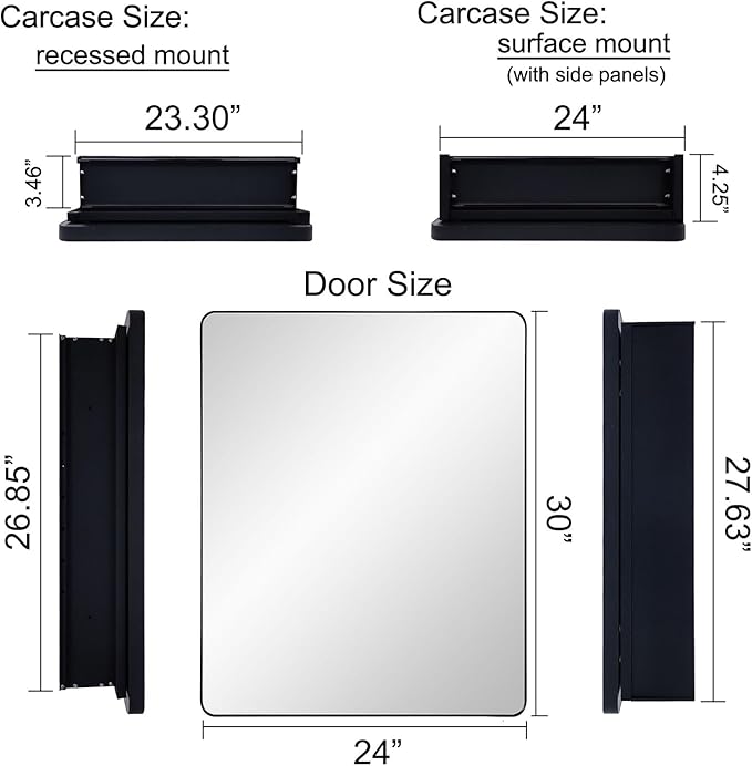 IDYLLOR Black Bathroom Mirror Medicine Cabinet with Round Corner Framed Door 24 x 30 inch, Recessed or Surface Mount, with Adjustable Glass Shelves