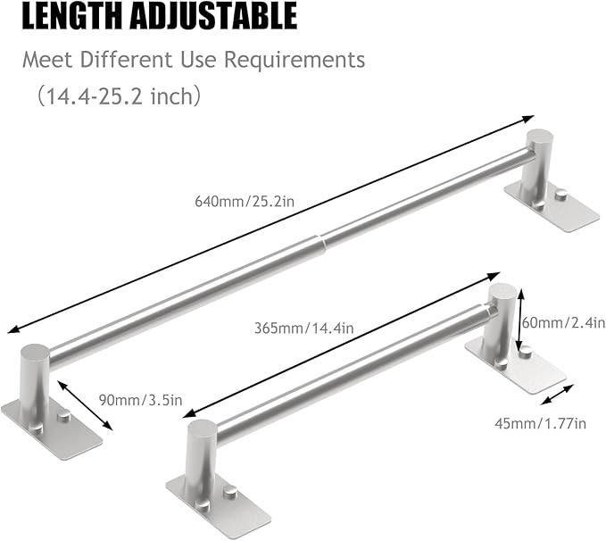 Towel Bar, 14inch to 25inch Adjustable Towel Holder Rod, Self Adhesive Wall Mounted Hand or Body Towel Rack for Bathroom Kitchen, Stainless Steel Organizer Single Bar (Brushed Nickel, 4 Pack)
