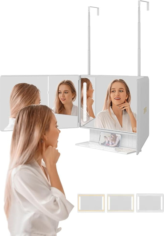 Dripex 3 Way Mirror with Storage Shelf and 3 Color LED Lights, Rechargeable Trifold Self Haircut 360° Mirror with Height Adjustable Hooks, for Makeup, Styling, Shaving, Braiding, Dye Hair (White)