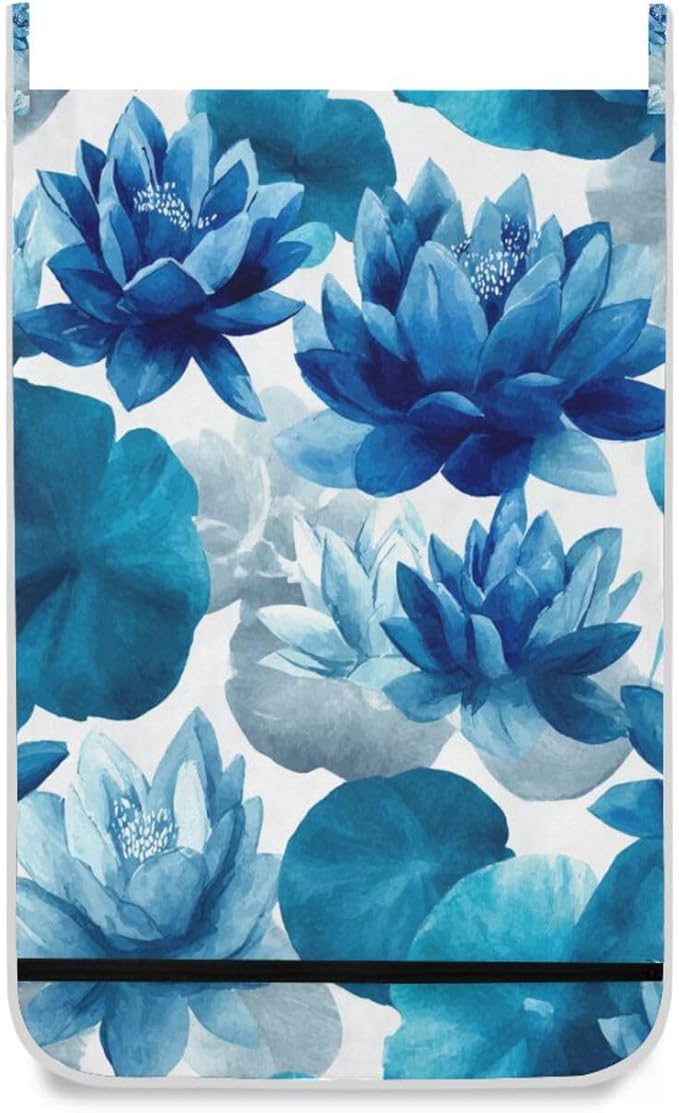 Ink Blue Lotus Flower Hanging Laundry Hamper Door Hampers Bag Basket with Stainless Steel Hooks Oxford Fabric Printing Decorative Clothes Bags 29.5X20inch 2Pack