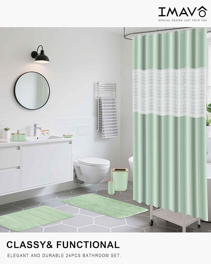 IMAVO Bathroom Accessories Set, Non-Slip Absorbent Pink Bathroom Rugs and Waterproof Shower Curtain with Hooks,Complete Bathroom Set for Bathroom Décor