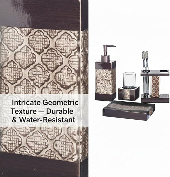 Creative Scents Dahlia 4-Piece Brown Bathroom Accessories Set Complete - Luxury Resin Bath Decor Includes Soap Dispenser, Toothbrush Holder, Tumbler & Soap Dish - Modern Brown Textured Design