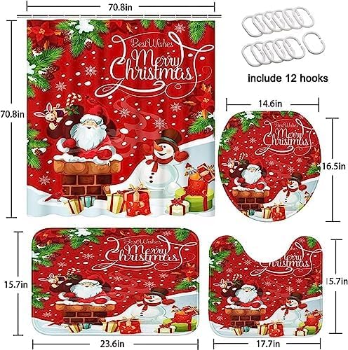 NBVKO 4PCS Merry Christmas Snowman Red Set Shower Curtain,with Non-Slip Rugs,Toilet Lid Cover and Bath Mat,Winter Bathroom Decor Accessory Set