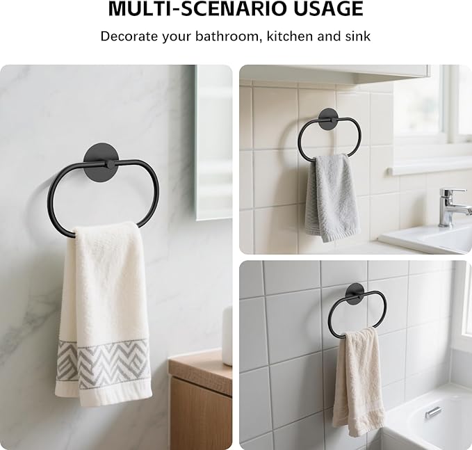 Adhesive Towel Holder Matte Black Hand Towel Holder for Bathroom Wall Stainless Steel Towel Ring for Bathroom Hardware Accessories No Drilling, 2 Packs