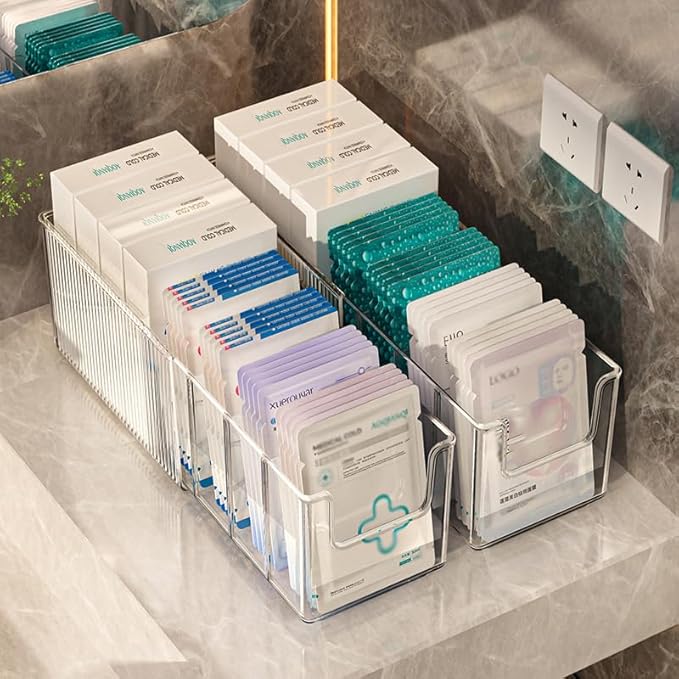 2 Pack Extendable Acrylic Makeup Organizer with Removable Dividers - Waterproof Bathroom Storage for Sheet Masks/Essences/Cosmetics, Clear Visible Design, Space-Saving Vanity Organizer