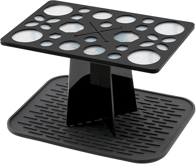 28 Hole Makeup Brush Drying Rack with Silicone Mat - Acrylic Folding Stand Tree - Cosmetic Air Dryer Organizer for Vanity (Black)