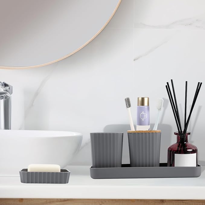 XLHOMO Grey Bathroom Accessories Set, 9 Piece Gray Bathroom Set, Bathroom Accessory Sets Compelete with Trash Can, Toothbrush Holder, Cup, Lotion Dispenser, Tray, Soap Dish, Toilet Brush, Qtip Holders
