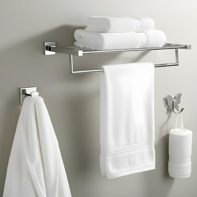 Roshan Handcrafted and Hand Polished Multi Purpose Towel Rack, Rust Proof and Peel Resistant Towel Shelf, Includes 2 Handmade Hooks (Polished Silver)