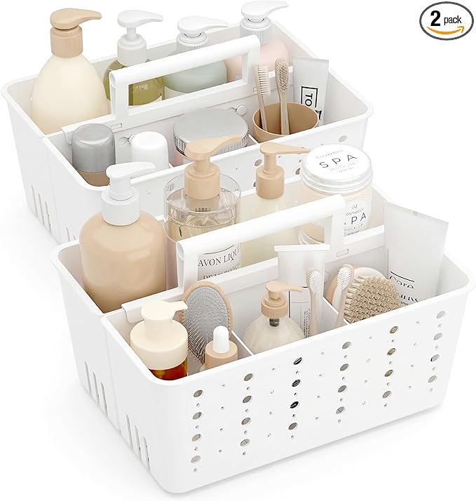 Lifewit Shower Caddy Portable, Cleaning Supplies Caddy Organizer with Handle and Adjustable Dividers, Plastic Shower Basket for Dorm Room Essentials, College, Bathroom, White, 2 Packs