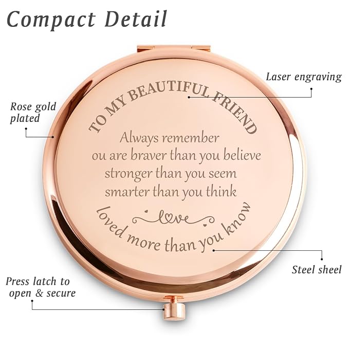 Friendship Gifts for Women Girls, Inspirational Friends Gifts for Birthday, Personalized Engraved Compact Mirror for Women Girl BBF Bestie Sister, Graduation Mothers Day Basket Stuffers