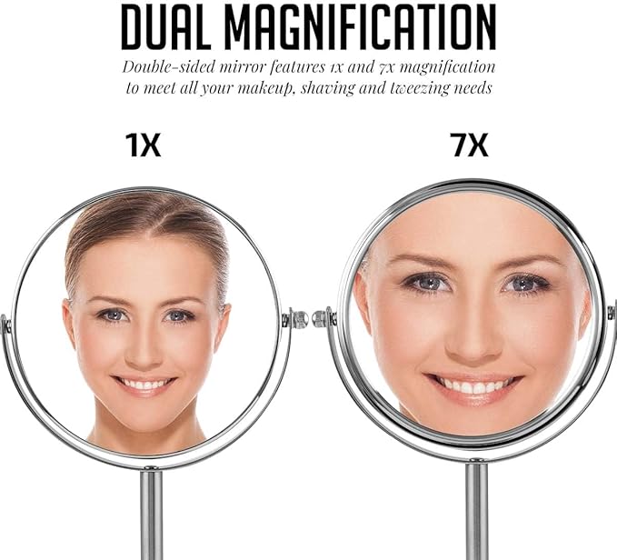 OVENTE 6'' Tabletop Makeup Mirror with 1X/7X Magnification, 360° Swivel Design, Double-Sided Free-Standing Vanity Mirror Perfect for Dresser, Bedroom and Office Desk, Nickel Brushed MNLT60BR1X7X