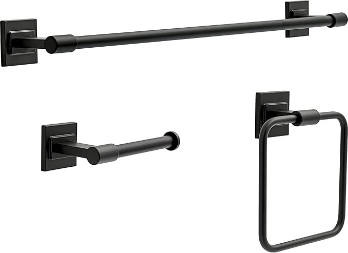 Delta Faucet McLaren 3-Piece Bathroom Set, Matte Black, 18"/24" Towel Rack, Toilet Paper Holder, Ring MCL63-MB