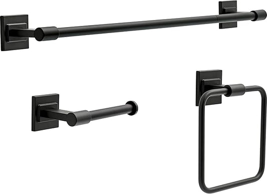Delta Faucet McLaren 3-Piece Bathroom Set, Matte Black, 18"/24" Towel Rack, Toilet Paper Holder, Ring MCL63-MB