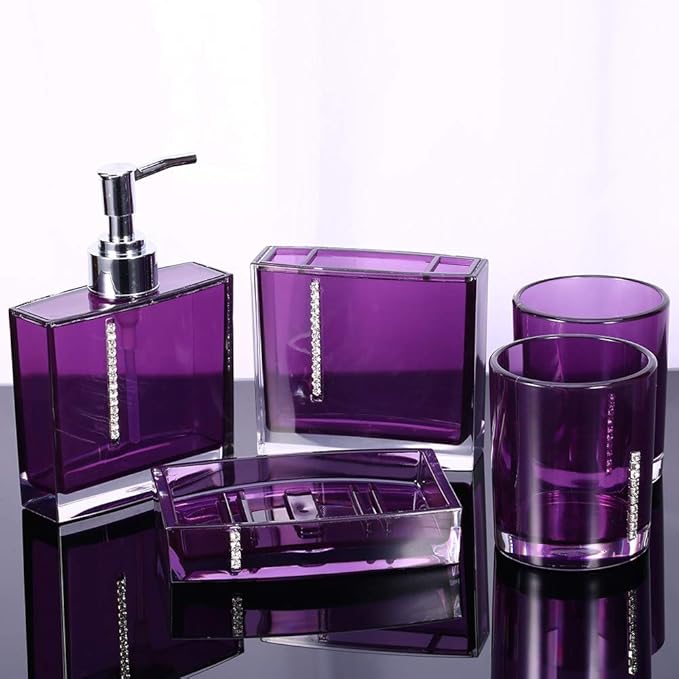 Bathroom Accessory Set,5 Pcs/Set Acrylic Brush Holder/Emulsion Bottle/Soap Dish/Gargle Cup for Home Hotel (Purple)