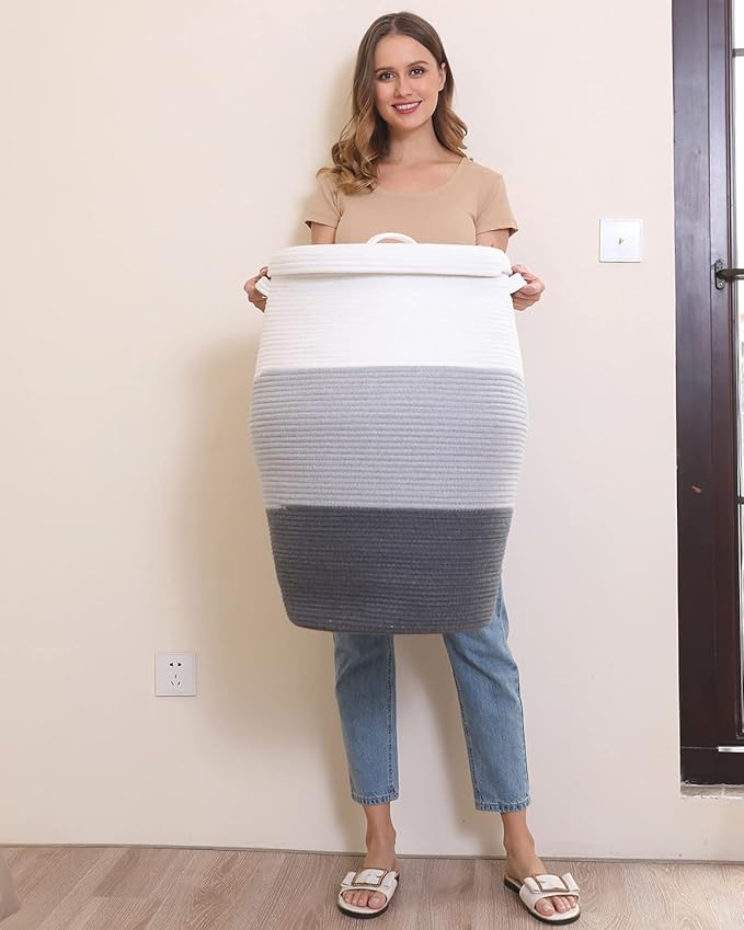 26" x 20" Handcrafted Tall Cotton Rope Basket with Lid, Stylish Flagon Shape with Cover, Clothes Hamper with Top, for Bedroom and Living Room, Grey/Dark Grey