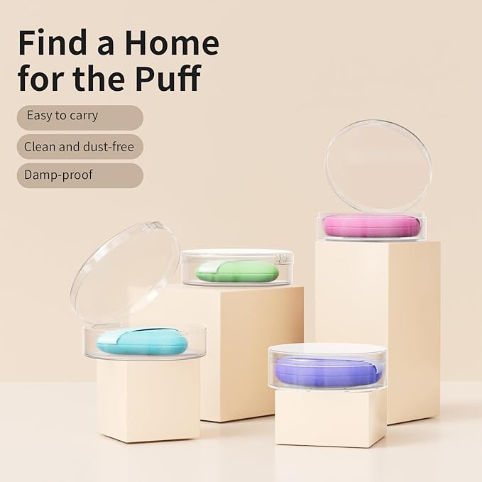 Powder Puff Case, 2 Pieces Round Makeup Puff Protective Container and 2 Pieces Teardrop Beauty Puff Travel Case, Cases Only, Puff is not included