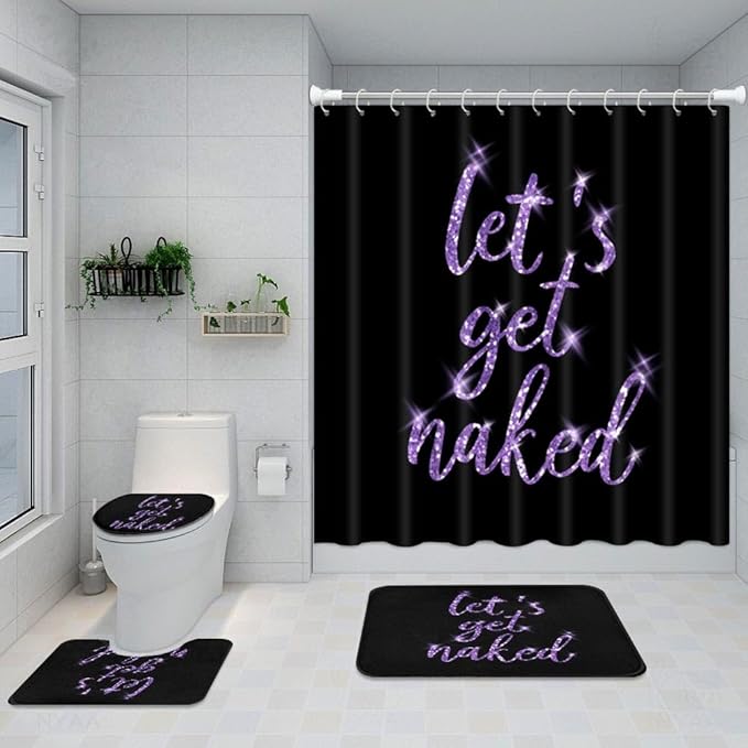 ArtSocket 4PC Purple Let's Get Naked Shower Curtain Sets Gold and Black Bathroom Decor with Rugs, Non-Slip Rug,Toilet Lid Cover, Bath Mat and 12 Hooks 72x72 inches