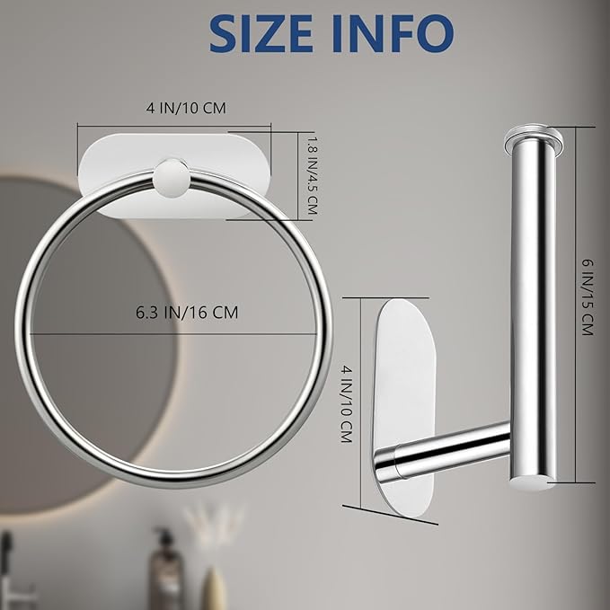 Self Adhesive Towel Ring and Toilet Paper Holder, No Drilling Stainless Steel Bathroom Hardware Set, Sturdy Bathroom Accessories for Home or Kitchen, Wall Mounted (Chrome)