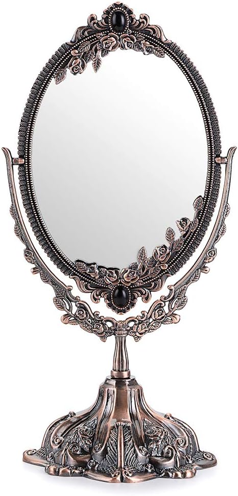 JUXYES Metal Tabletop Antique Decorative Makeup Mirror with Stand, Vintage Swivel Double Sided Cosmetic Mirror with Frame, Retro Desktop Oval Dressing Mirror for Bathroom Bedroom