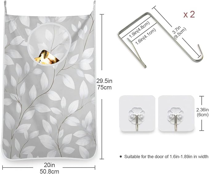 Grey Simple Leaves Hanging Laundry Hamper Door Hampers Bag Basket with Stainless Steel Hooks Oxford Fabric Printing Decorative Clothes Bags 29.5X20inch 1Pack