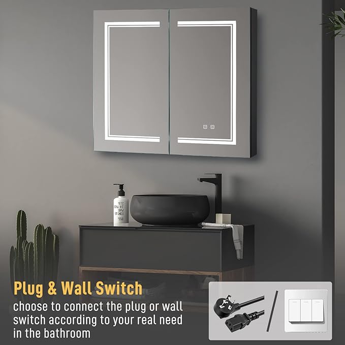 Karl home 32x28 Inch 2 Doors Bathroom Medicine Cabinet with LED Mirror, 3 Color Wall Mounted Dimmable Bathroom Cabinet with 3-Tier Storage Shelves, Anti-Fog, USB Charge, Black