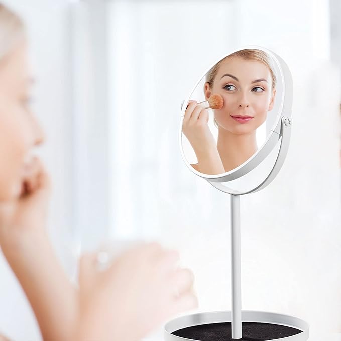 Ettori Makeup Mirror Dual Sided Vanity Mirror, 1X and 5X Magnification, 360 Swivel Round Mirror, Tabletop Mounting, No Light, White
