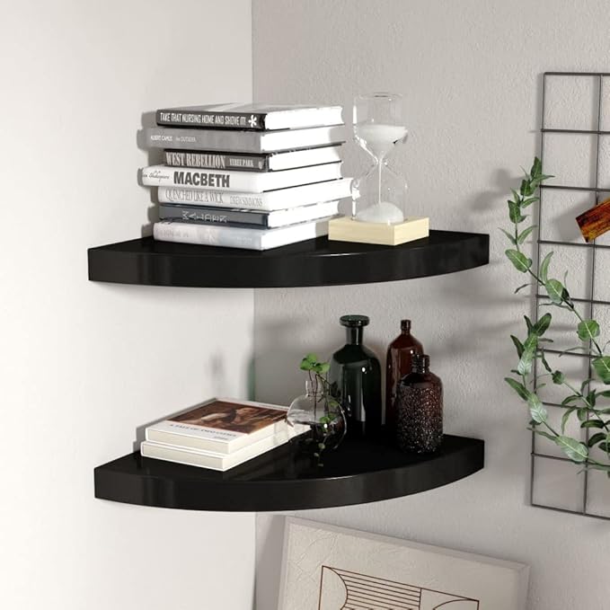 Floating Corner Shelves 2-Pack Black 13.8x13.8x1.5 Inch Wall Mounted Shelves with Invisible Bracket, Honeycomb MDF & Metal for Living Room, Bathroom, Bedroom Storage & Decor