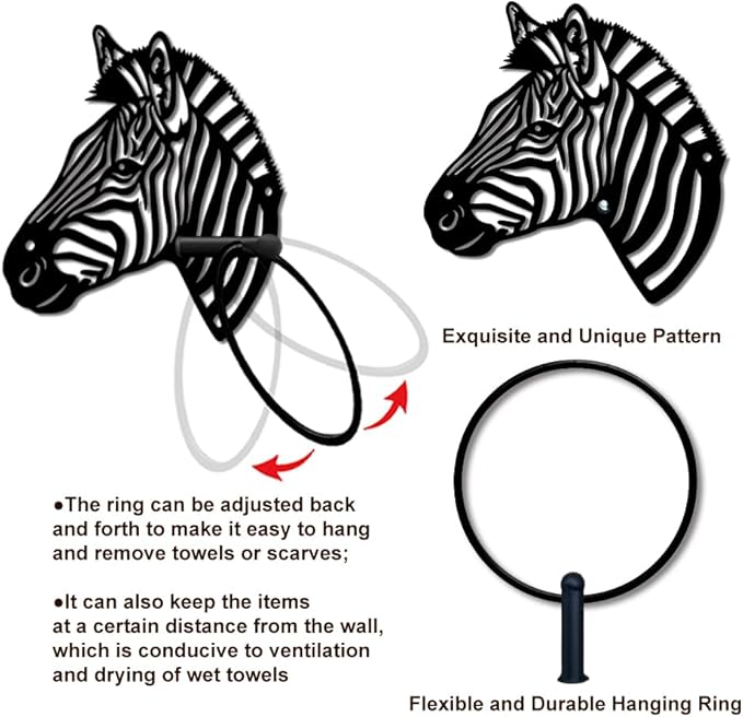 MAYJOYDIY Zebra Head Metal Towel Ring Round Grassland Zebra Hand Towel Holder Animals Ring Hanger Wall Mount Black Vintage Towels Wall Organizer for Kitchen Bath Home Laundry Room Decors Gifts